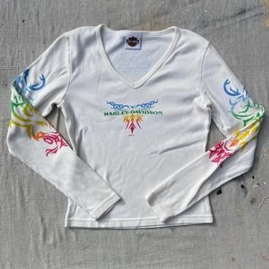 00s Y2K White Long Sleeve with Rainbow Airbrush Designs by Harley Davidson